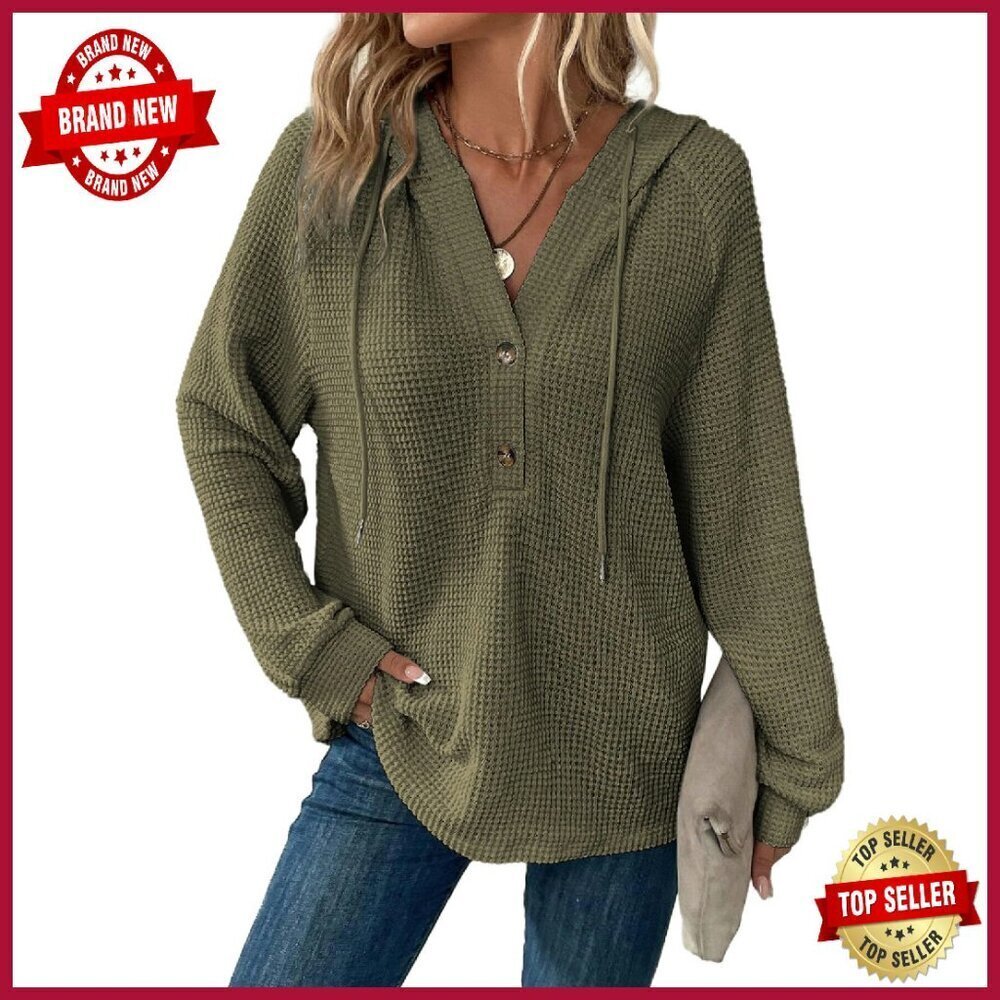 Waffle Knit Hoodie Pullover V-Neck Drawstring Oversized Fit